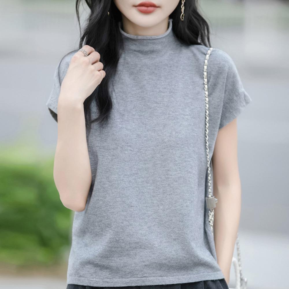 New Spring and Autumn Knitted Sweaters, Pullover Sweaters, Women's Short-sleeved Semi-high-neck Base Sweaters