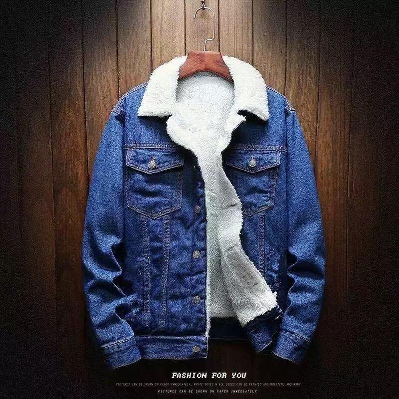 Autumn and winter denim jacket men's loose top tooling jacket fleece thickened versatile trend men's denim