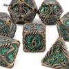 7 Pcs Yellow Green Tree Vine Metal Dice Solid Metal Polyhedral Dice Set Suitable for Role-Playing RPG Board Game Dice RPG
