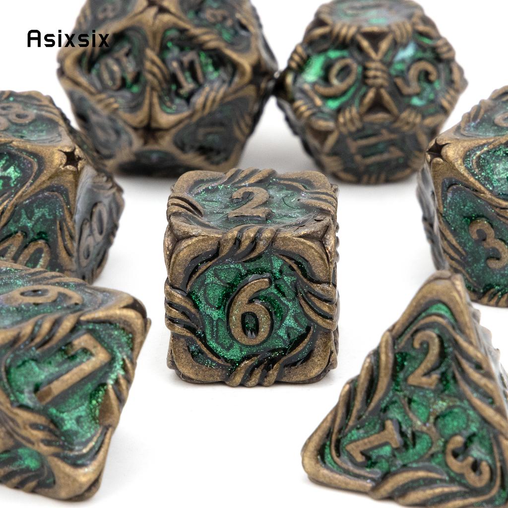 7 Pcs Yellow Green Tree Vine Metal Dice Solid Metal Polyhedral Dice Set Suitable for Role-Playing RPG Board Game Dice RPG