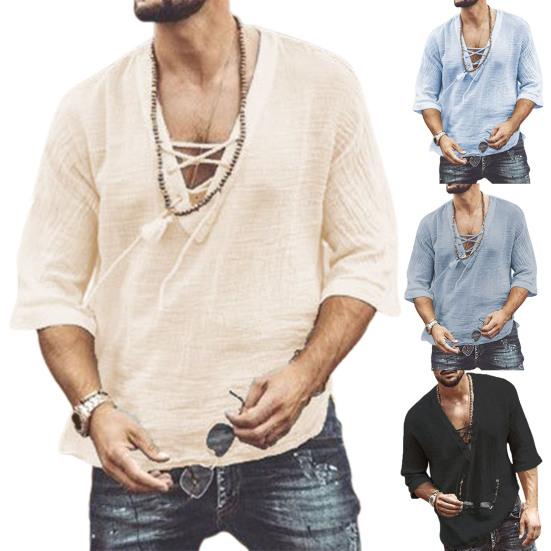V-Neck Solid Color Men Shirt Lightweight Front Lace Up Half Sleeve T-shirt Male Clothing