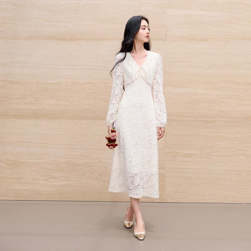 Sancai 2025 Autumn French V-Neck Lace A-Line Long Dress