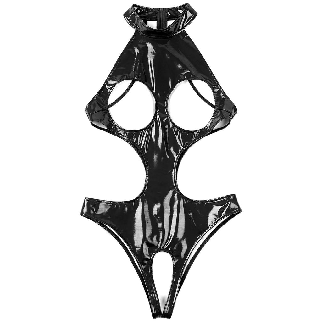 Women Sexy Lingerie Cutout Latex Open Cup Catsuit Nightclub Stage Pole Dancing Costume Bodycon Jumpsuit Performance