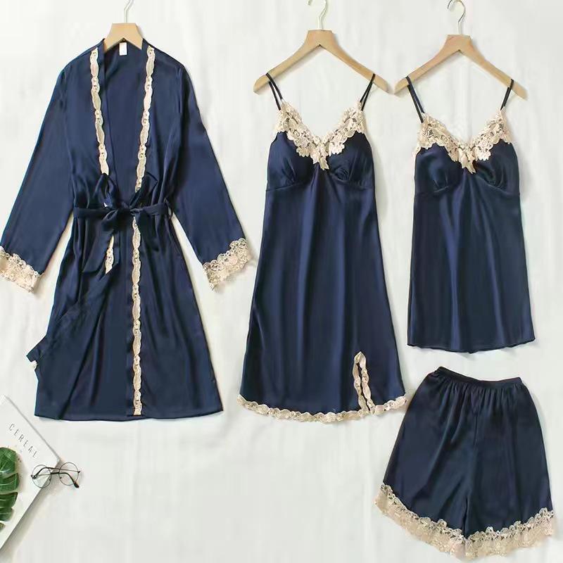 Women's Summer Silk Pajama Set: 5-Piece Long Sleeve, Lace Trim Camisole, Shorts & Pants