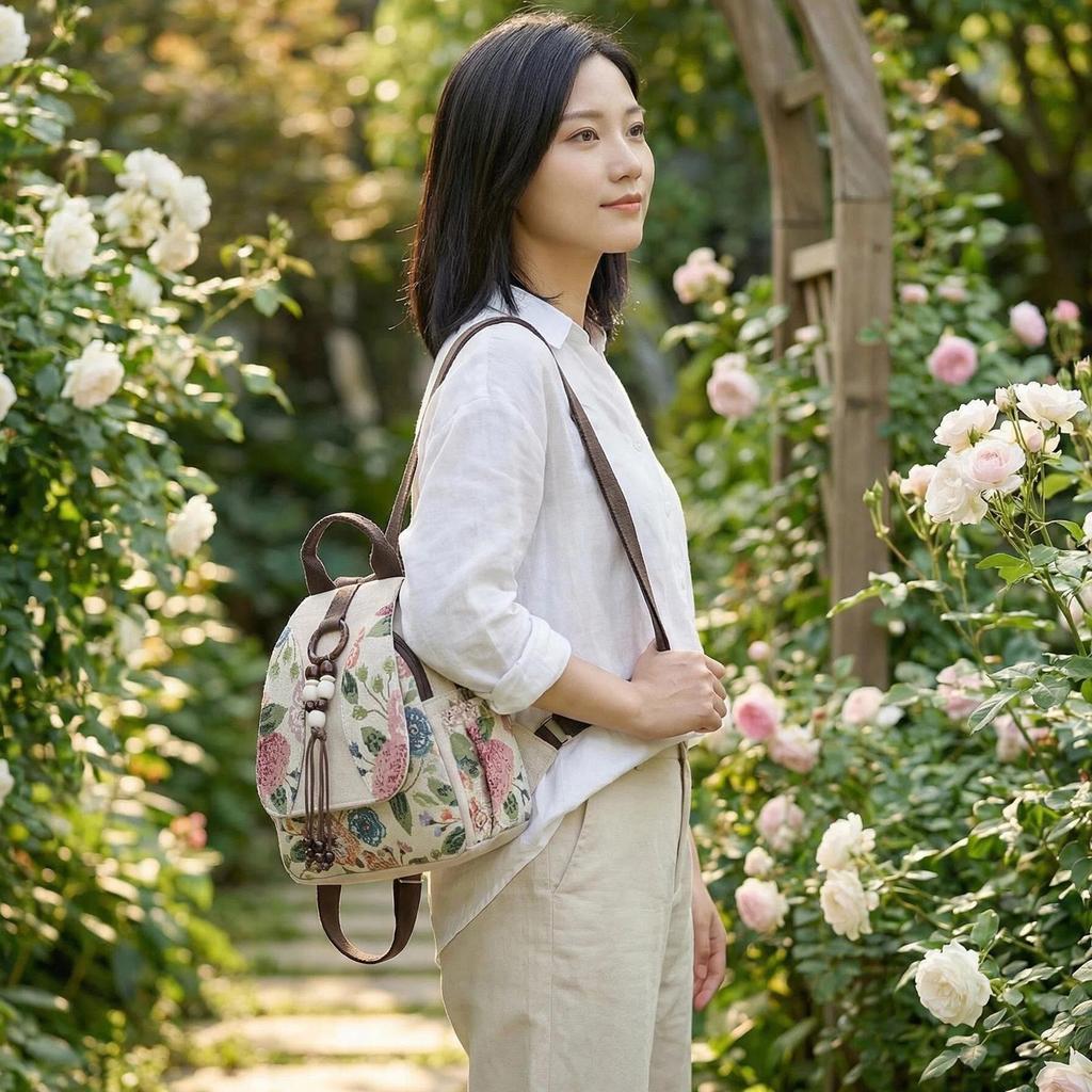 Embroidered Flower Double Shoulder Bag - Women's Literary Backpack, Ethnic Style, Vintage Travel Bag