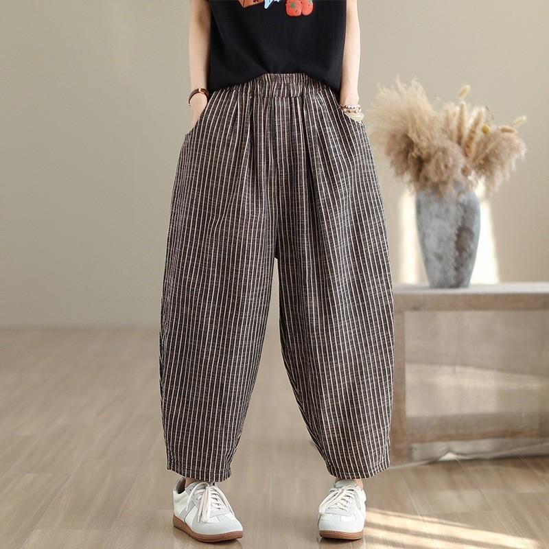 Yarn-dyed cotton and linen striped Harlan pants women's 2025 summer new elastic waist thin loose nine-point casual pants