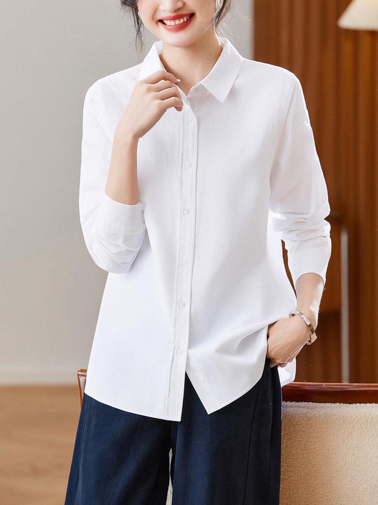 Women's Long Sleeve Blue Cotton Oxford Shirt - Loose Casual Spring 2026 Top