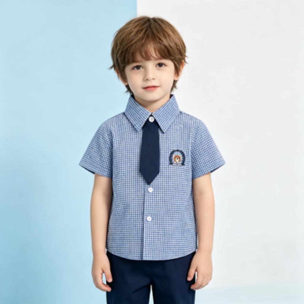 Boys Short Sleeve Shirt with Tie and Embroidery - Korean Casual Button Down Top for Everyday Wear and Parties