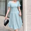 ZANZEA Women Casual Square Neck Summer Short Sleeve Dress