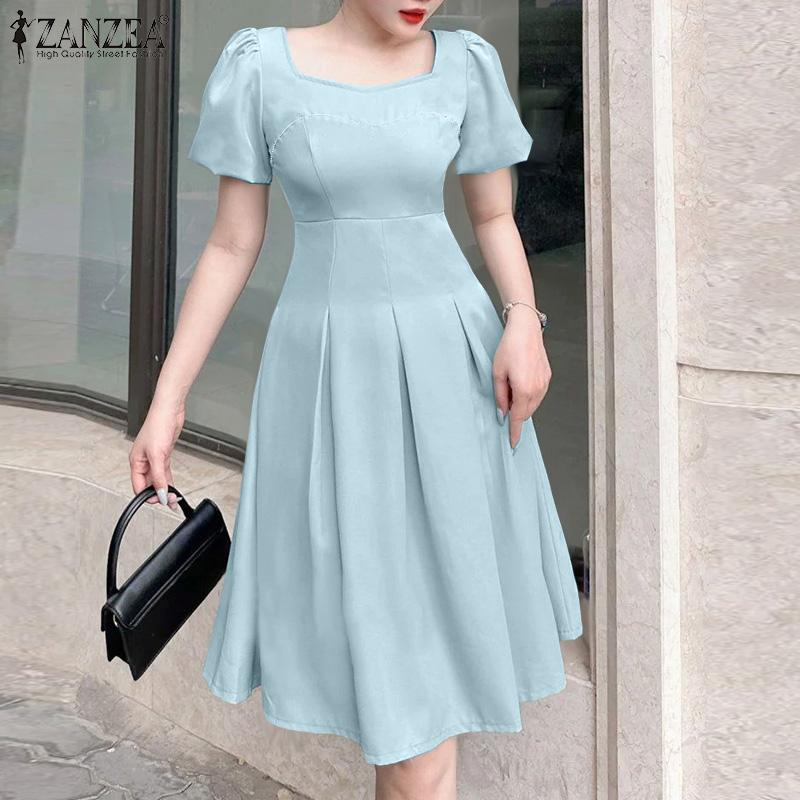 ZANZEA Women Casual Square Neck Summer Short Sleeve Dress