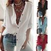 Women Solid Color Cotton V Neck Long Sleeve Top Loose Roll Up Sleeve New For Spring Autumn