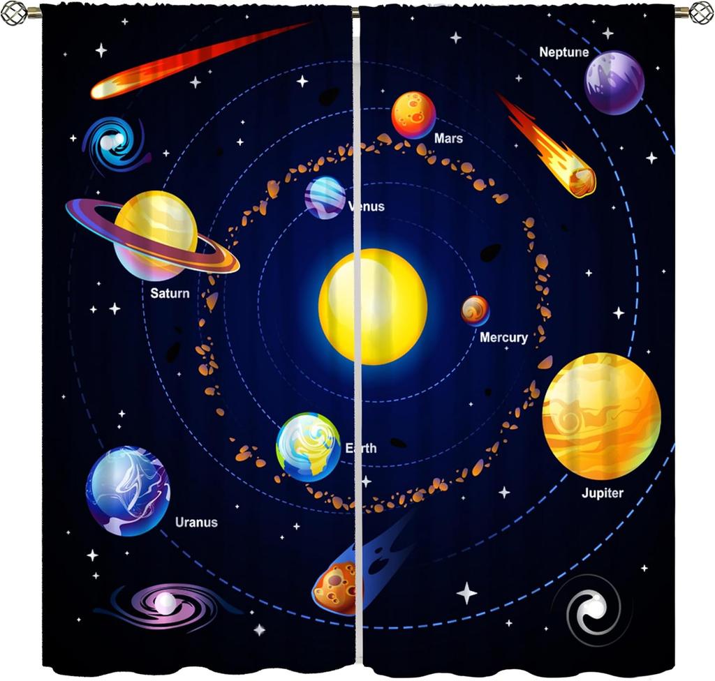 Space Astronaut Curtain,Cartoon Solar System Universe Rocket Spaceship Planet Earth Stars Window Treatments Drapes for Kids Boys