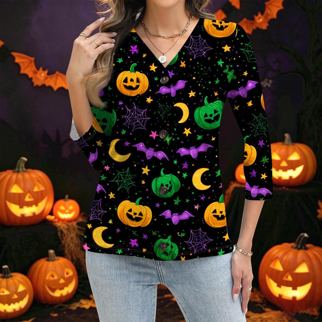 Women's Casual Button Down Shirt with Halloween Print 3/4 Sleeve for Party and Daily Wear