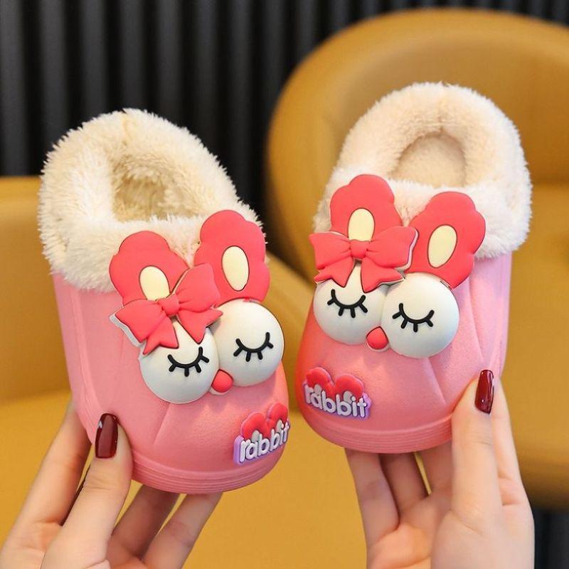 Detachable Girls' Cotton Slippers Children's Boys' Baby Autumn and Winter Fleece-Lined Warm Non-Slip Waterproof Princess Fur Slippers