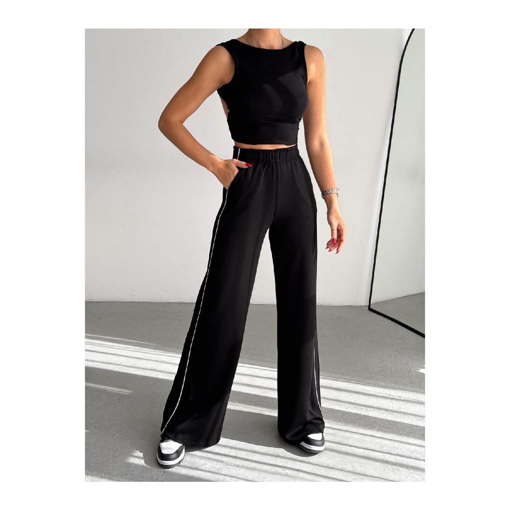 Women's Trend With Plenty Of Trotting Modal Fabric Tracksuit Six Double Pockets Wide Leg Sides With White Lane