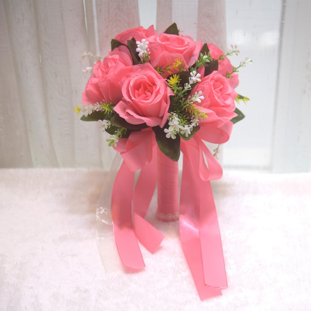 Artificial Bridal Bouquet Silk Rose Wedding Flowers Handheld Bouquet with Ribbon Wedding Decoration for Bridesmaids and Events