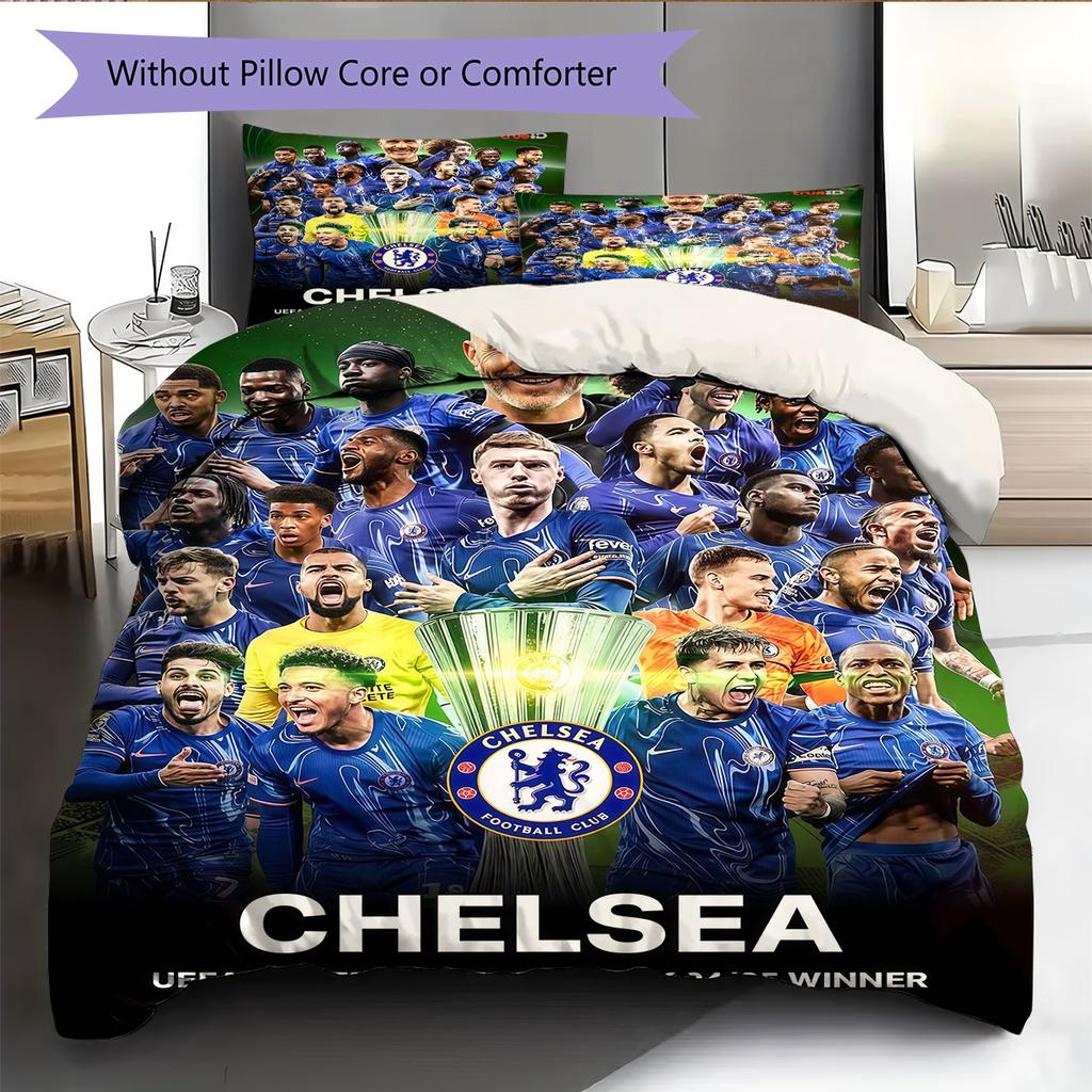 Chelsea FC Muster Bettwäsche Steppdecke Set Bettbezug Kissenbezug Heimdekoration Geburtstagsgeschenk (1 Bettbezug + 2 Kissenbezüge, ohne Füllung)