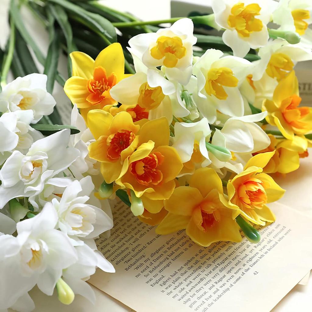 Hananona 10 Pcs Artificial Daffodils Flowers Narcissus Faux Spring Flowers Fake Silk Daffodil Flower Arrangement for Indoor Outdoor Home Wedding