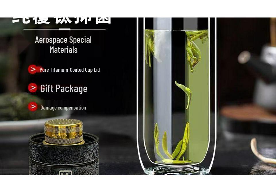 Titanium Lid Double-Layer Glass Tea & Water Separation Mug with One-Button Open - Portable Business Cup for Men