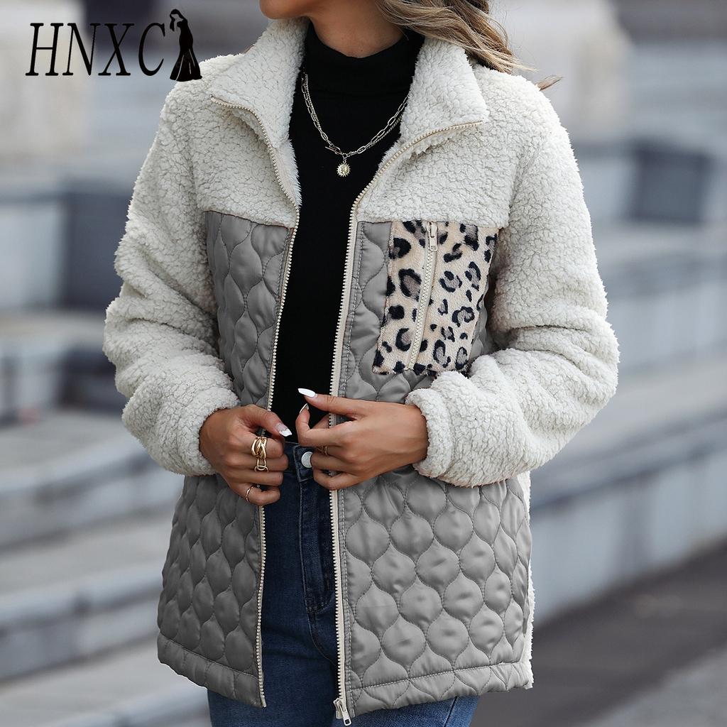 HNXC Casual Plush Women's Wear Long-sleeved Loose Round-neck Patchwork Zipper Animal Print Double-sided Fleece Coat