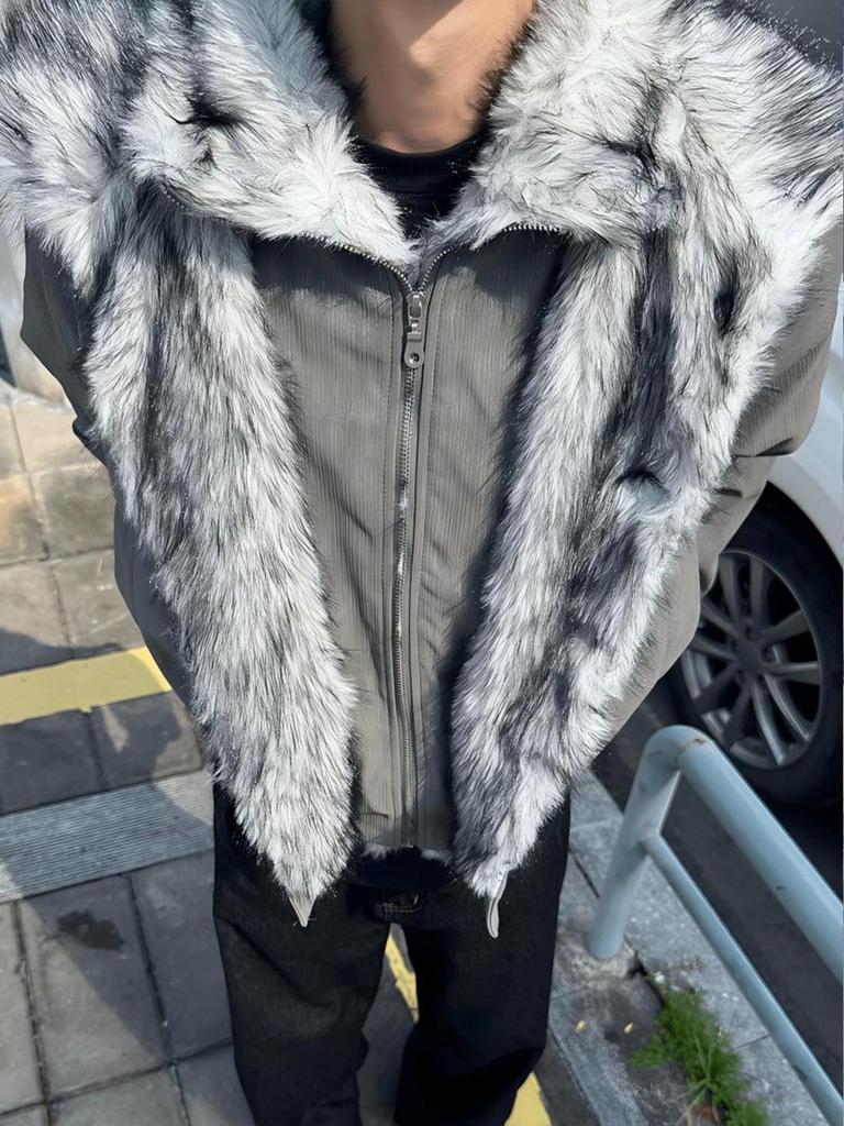 Men's American-Style Stand-Up Collar Winter Jacket - Polar Wolf King Design, Two-Piece Look, Warm Cotton, Plus Velvet Comfort