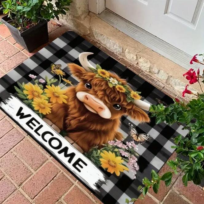 Head Mounted Flower Wreath Cow Floor Mat Entrance Bedroom Entrance Living Room Bathroom Bathroom Entrance Laundry Room Floor Mat