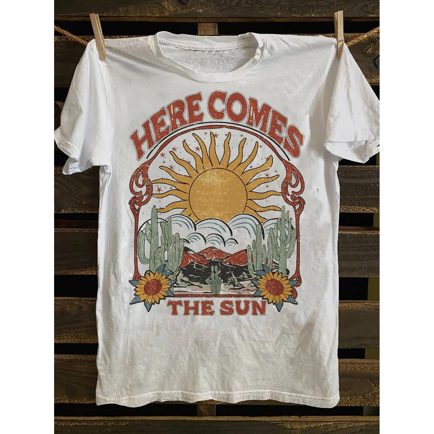 Men s Retro Western Desert Rock Pattern T-shirt - Printed with The Slogan _Here Comes The Sun_ Retro Punk Rock Style Casual S чёрный