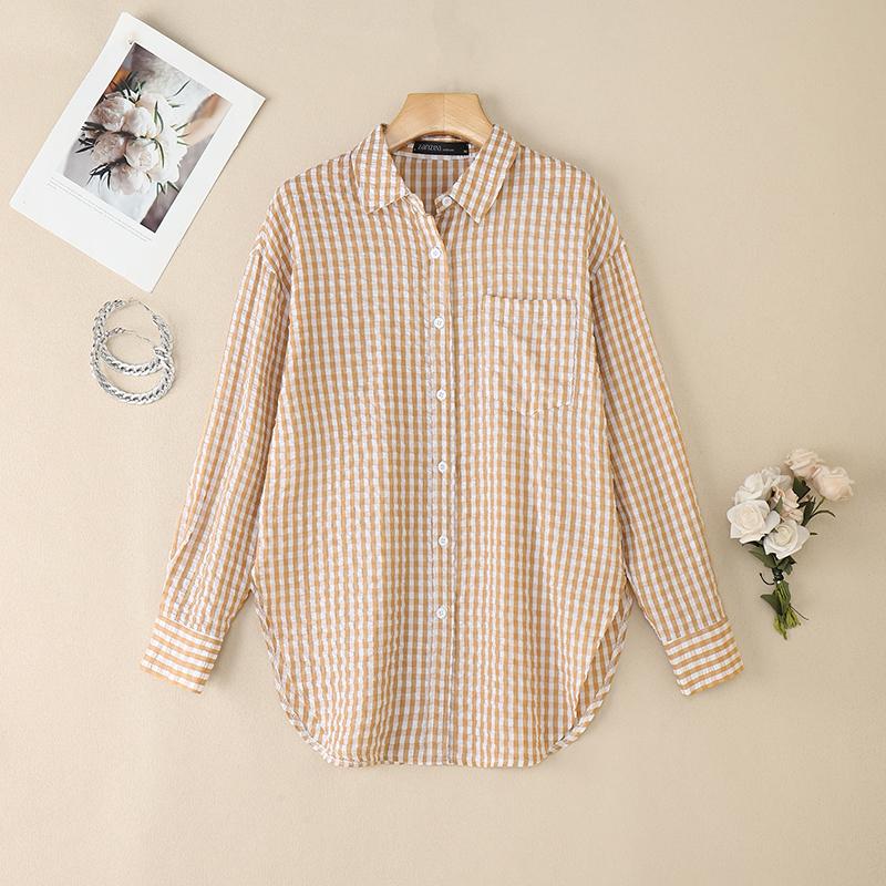 ZANZEA Women Casual Turn Down Collar Grid Print Loose Long Sleeve Blouse