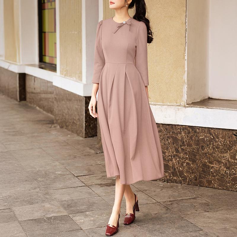 ZANZEA Women Casual Round Neck Solid Color 3/4 Sleeve Midi Dress