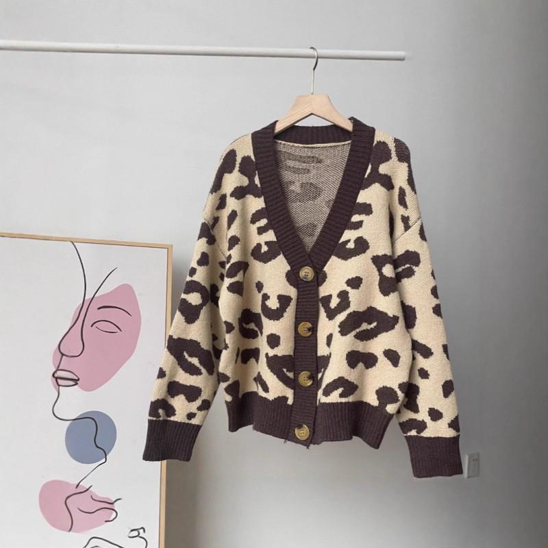 Womens Oversized V-Neck Knit Cardigan With Leopard Print - Soft Acrylic Warm Loose Fit Long Sleeve Sweater Fall 2025