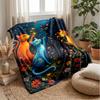 Cats In Flower Field Under Moon Blanket Personalized Name Flannel Blanket Soft Cozy Plush Throw for Sofa Bed Lightweight Home Decor