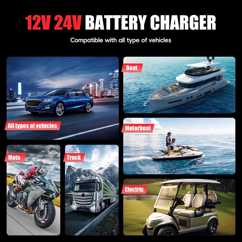 12V/24V 10A Multifunction Smart Charger for Motorcycle, Car & Van Repair