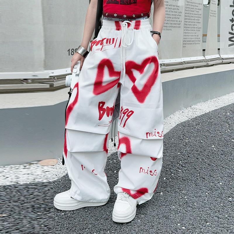 Dětské Hip Hop Módní Kalhoty na Stahování s Potiskem pro Dospívající Dívky Cool Y2K Streetwear Kalhoty se Srdcem Graffiti 5-14 let