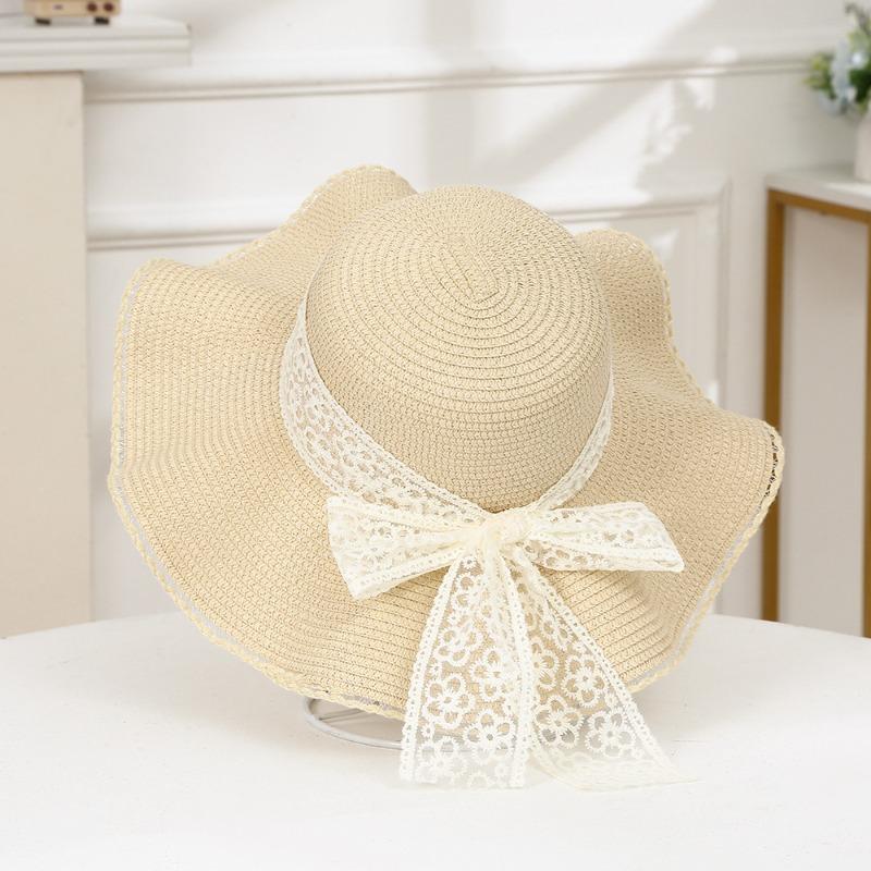 Summer Bow Sun Hat Female, Seaside Beach Vacation Sun Hat Outdoor Big Brim Sun Hat Sweet Straw Hat