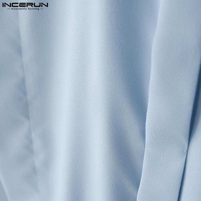 INCERUN Oversized Men Tie Up Neck Short Sleeve Solid Color Casual High Low Shirts