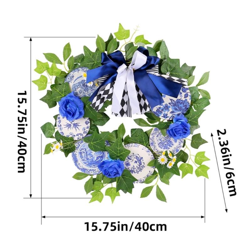 Wooden Plaques Blue and White Porcelain Pattern Wreath Outdoor Courtyard Party Decorations Garlands for Wall Door Window