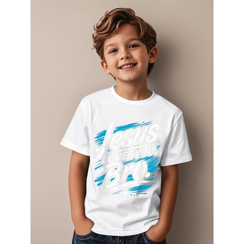 European sizes Jesus Loves You Bro Boys  Christian T-Shirt - Religious Kids Tee with Message, Short Sleeve Casual Wear for Church, Sunday,