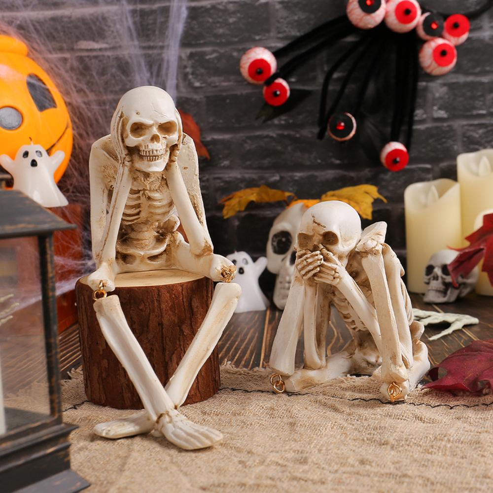 Halloween Resin Skull Decorative Ornament No Evil Skeleton Figurines Resin Realistic Skull Decor For Bookshelf Table Edge Decor