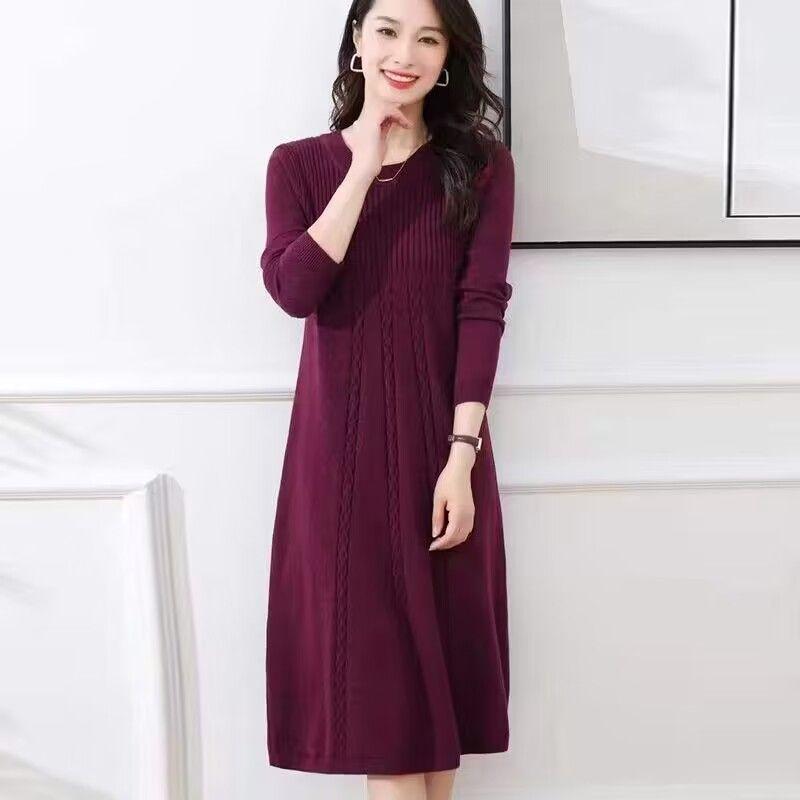 Korean-style Loose Mid-length Pullover for Women Spring Autumn and Winter Knitted Dress Solid Color Casual Sweater