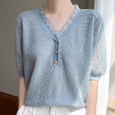 Women Sweaters Pullovers 2025 Summer Short Sleeve V-Neck Solid Knitted Sweater Women Tops Pullover JJ193