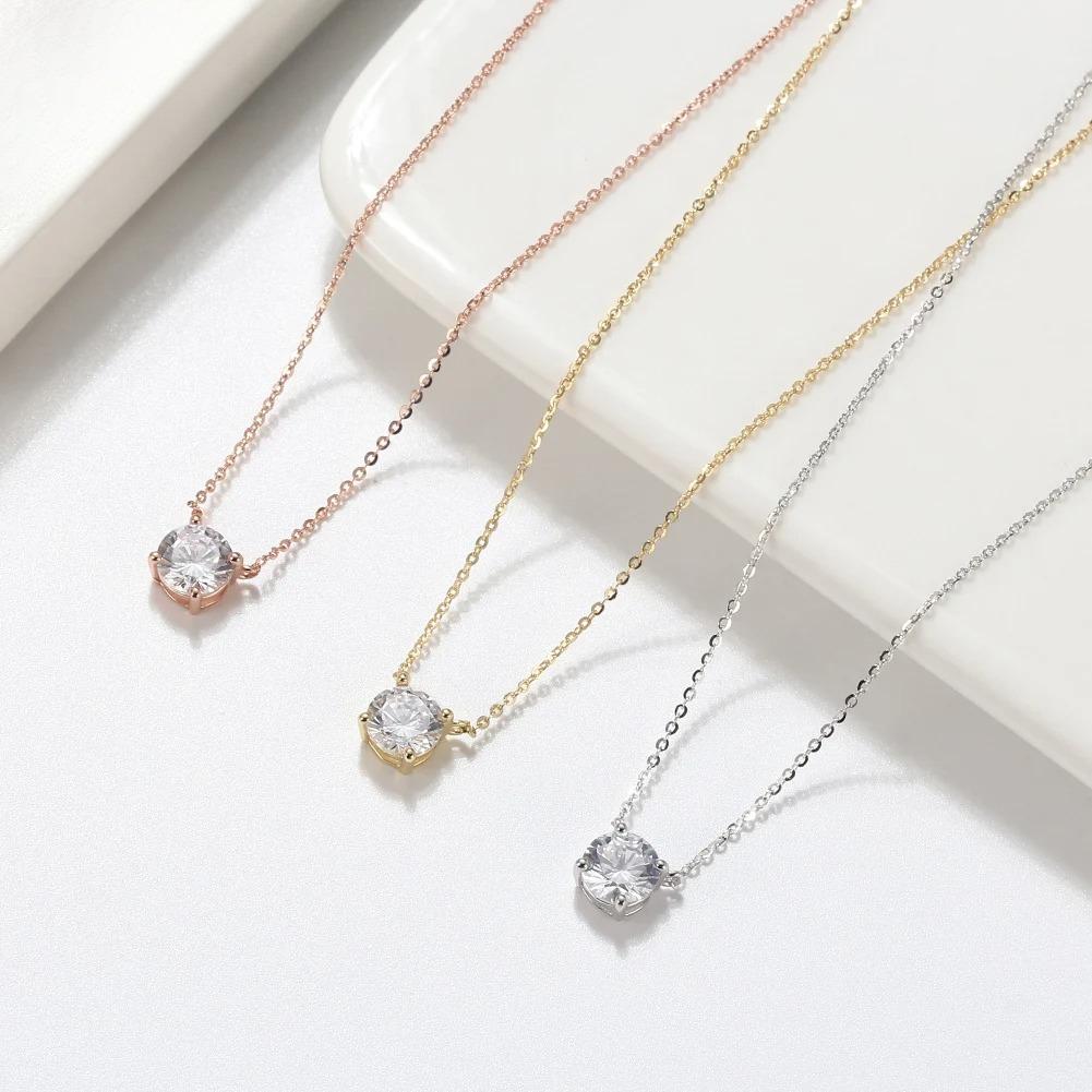 Real S925 Silver Solitaire Zirconia Pendant 14K Gold Plated Elegant Women Necklace Wedding Jewelry for Girls