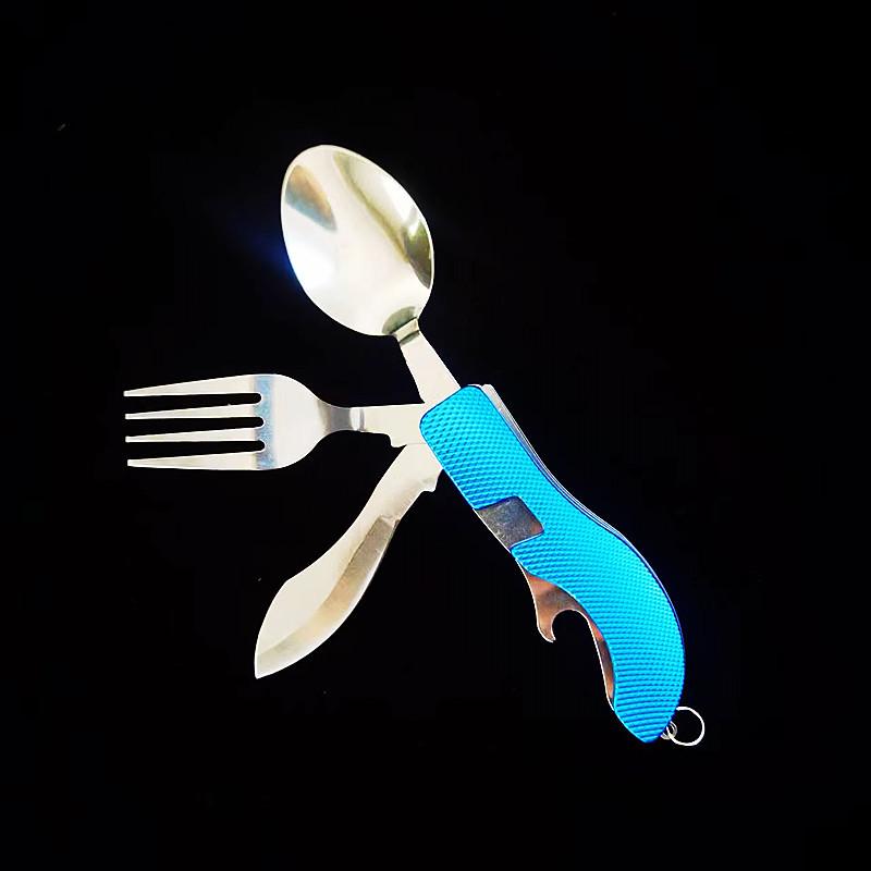 Camping Multifunctional Stainless Steel Cutlery Set: Folding Knife, Fork, and Spoon.