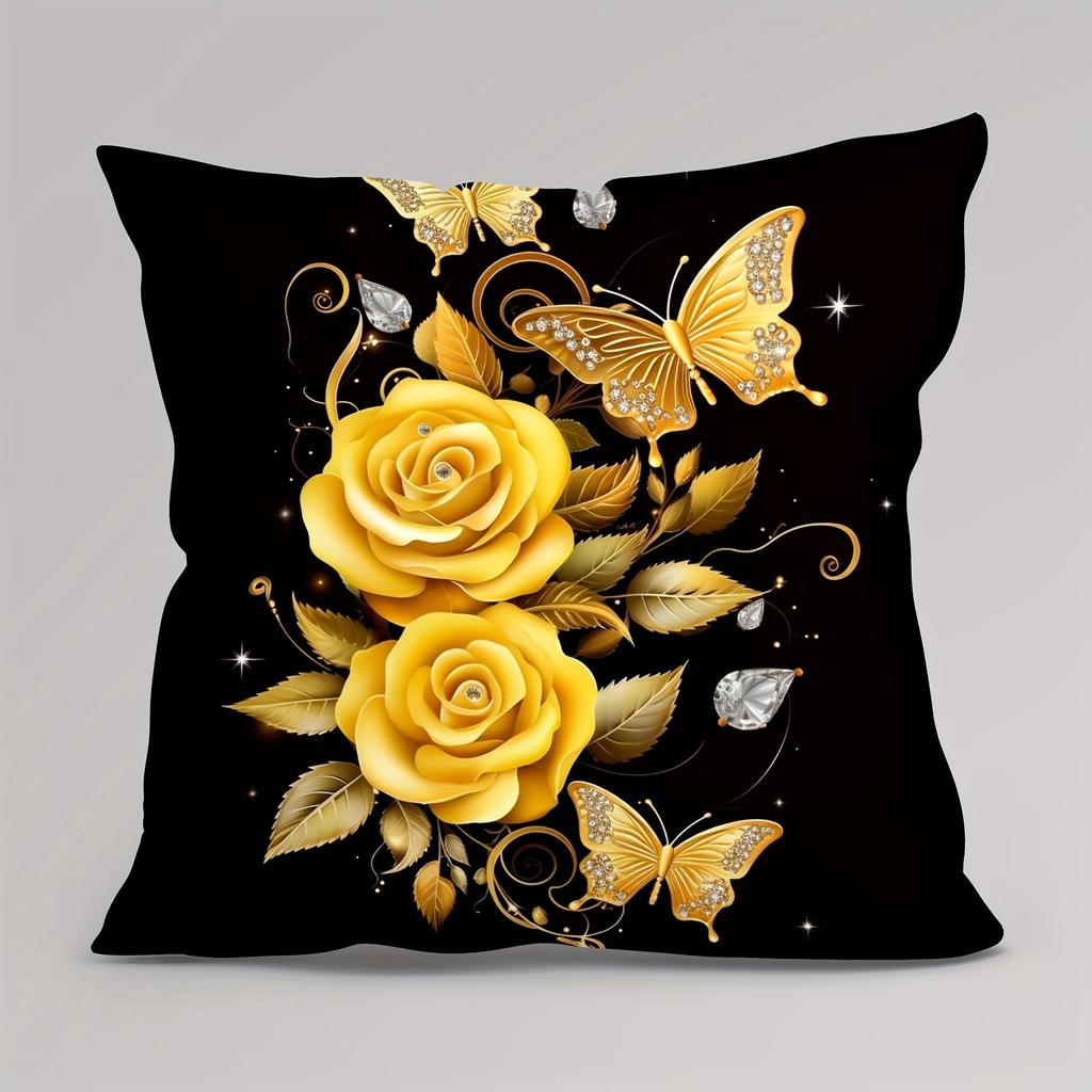 Golden Rose Butterfly Pattern Printed Pillowcase, Home Room Decoration, Soft and Comfortable, Sofa and Chair Cushion Cover