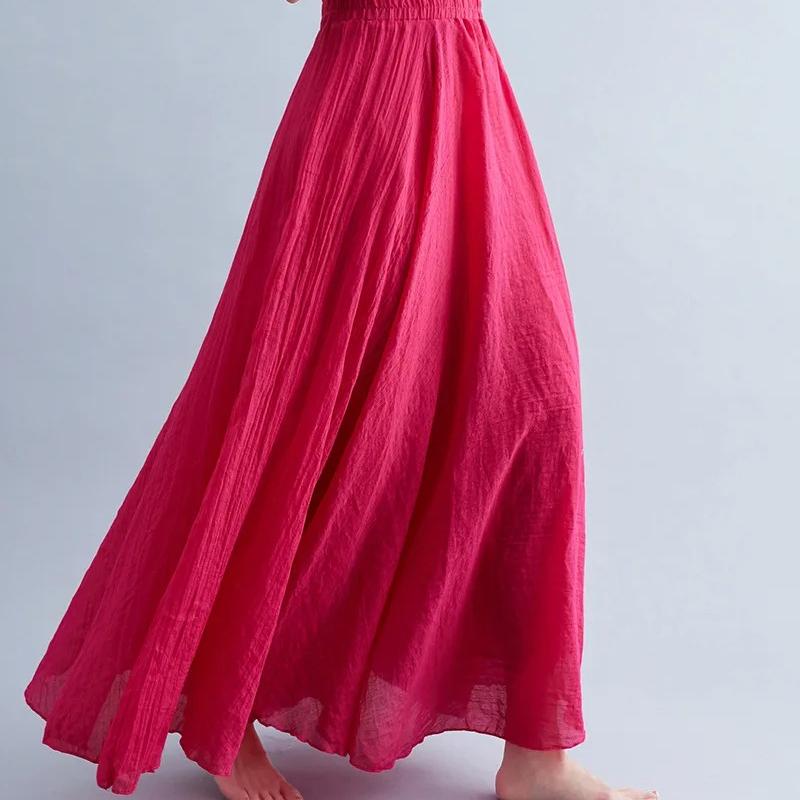 Color Mori Girl Literary Cotton Linen Dress Elastic Waist A-line Expansion Skirt Solid Color Ethnic Style Women Long Skirts