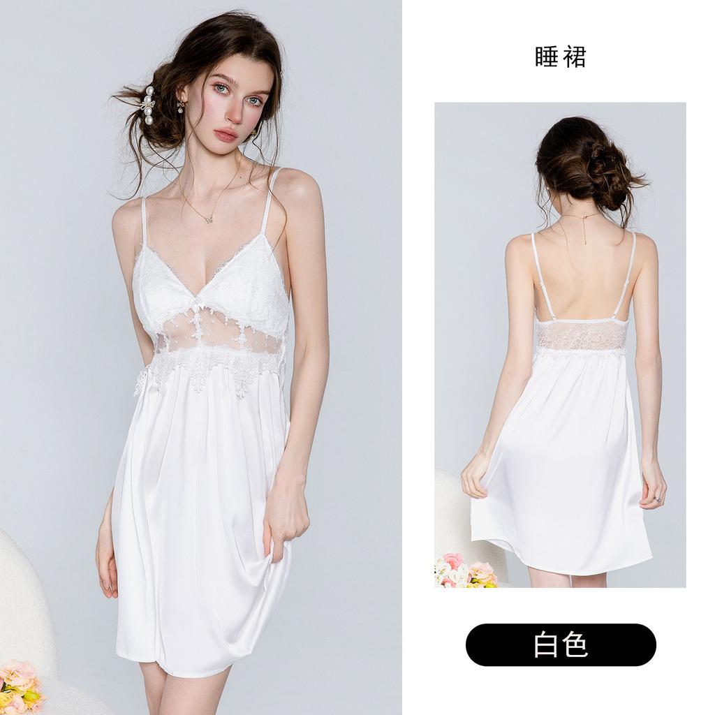 Women's Satin Deep V Push Up Padded Sleep Dress with Mesh Robe Lingerie Set