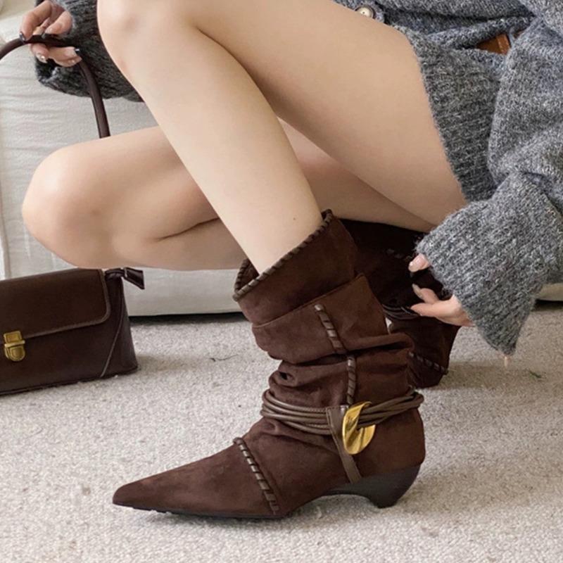 Schaffell-Version~ Retro-Nische spitzer Absatz gewebt mit Fransen zwei Tragemöglichkeiten Stiefel mit Schaft Western-Cowboystiefel Stiefeletten Damenstiefel