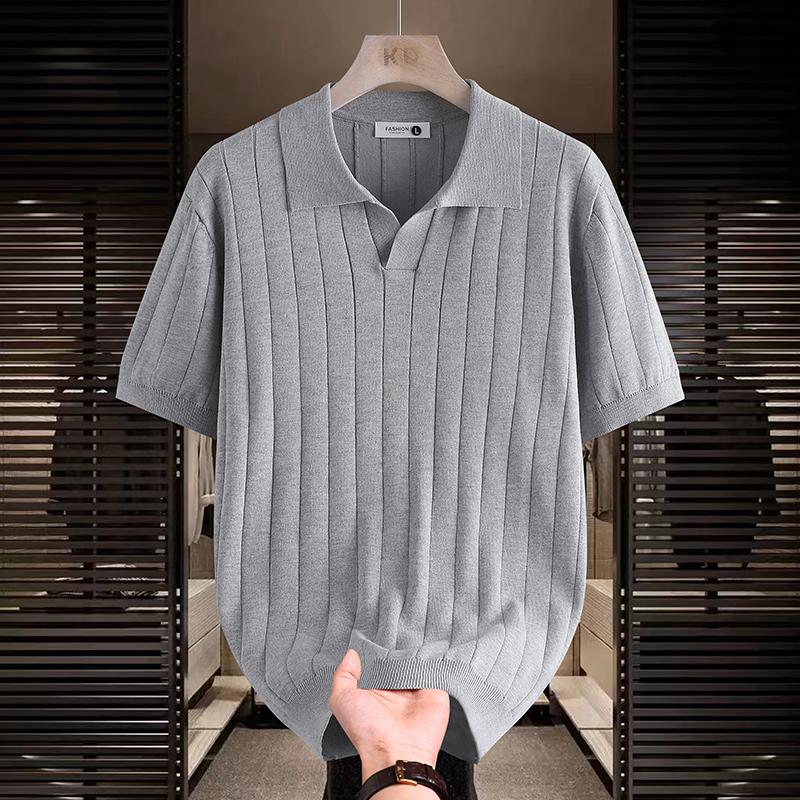 Men s Grey Vertical Rib Knit Short Sleeve Polo Shirt M