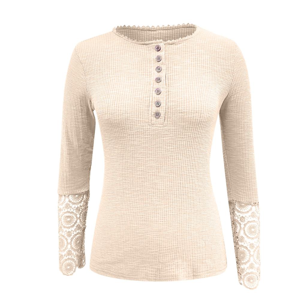 Ladies Casual Solid Color  Strip Solid Color Slim Fit Round Neck Stitching Lace Sleeve T-Shirt