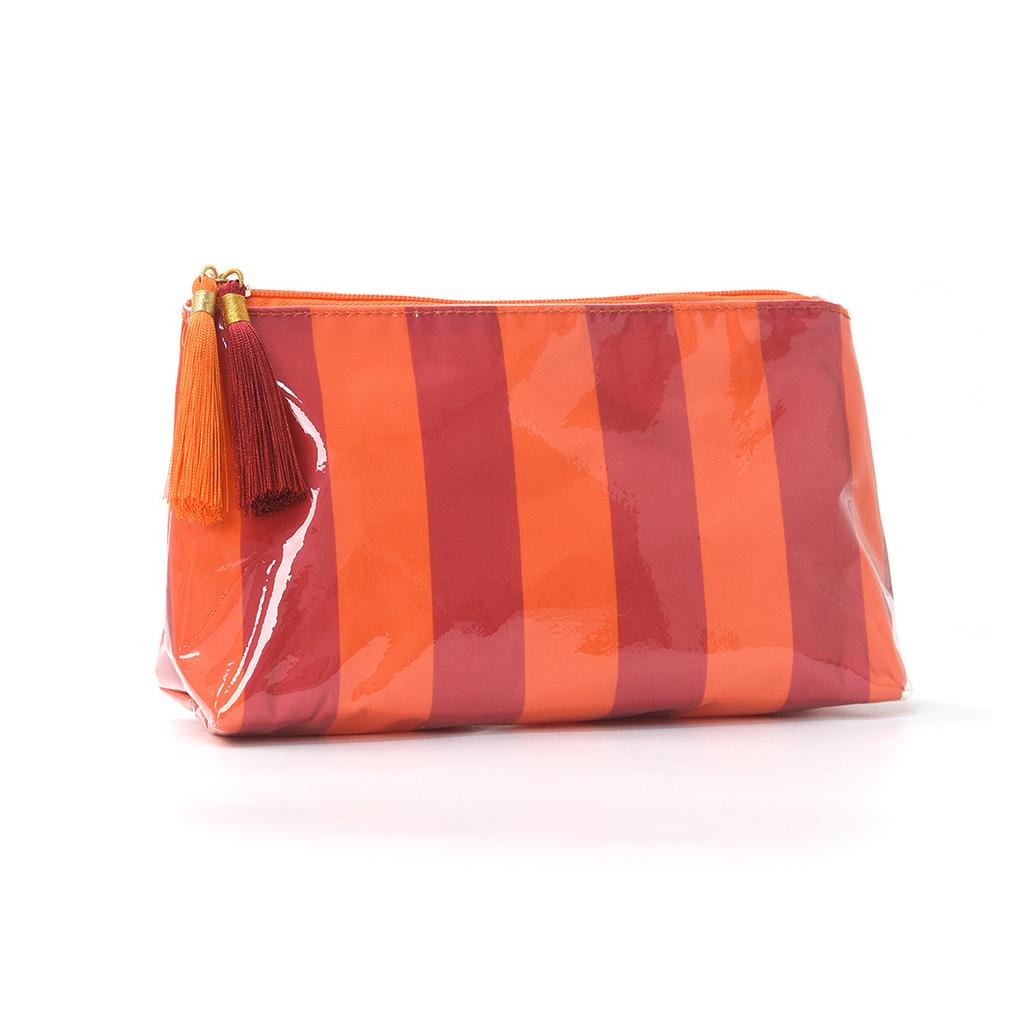 Pink White Striped Waterproof Makeup Bag With Two-Tone Tassel Zipper Pull