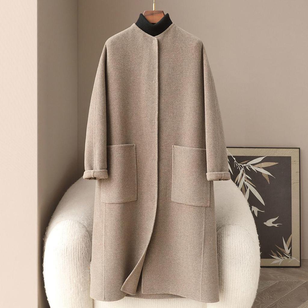 Women's Long Double-Faced Wool Coat: Round Neck, Slim Fit, 30% Cashmere, High-End Spring/Autumn Style